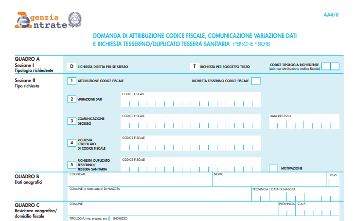 Formulario AA4/8 - Agenzia Entrate - Codice Fiscale